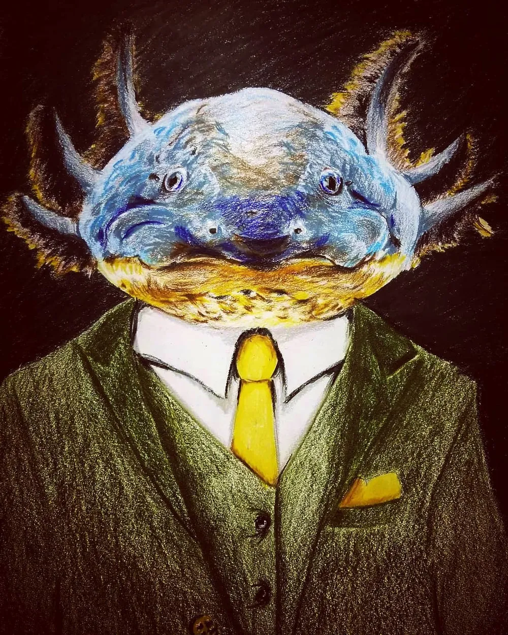 a blue axolotl wearing an olive jacket, white shirt and yellow tie