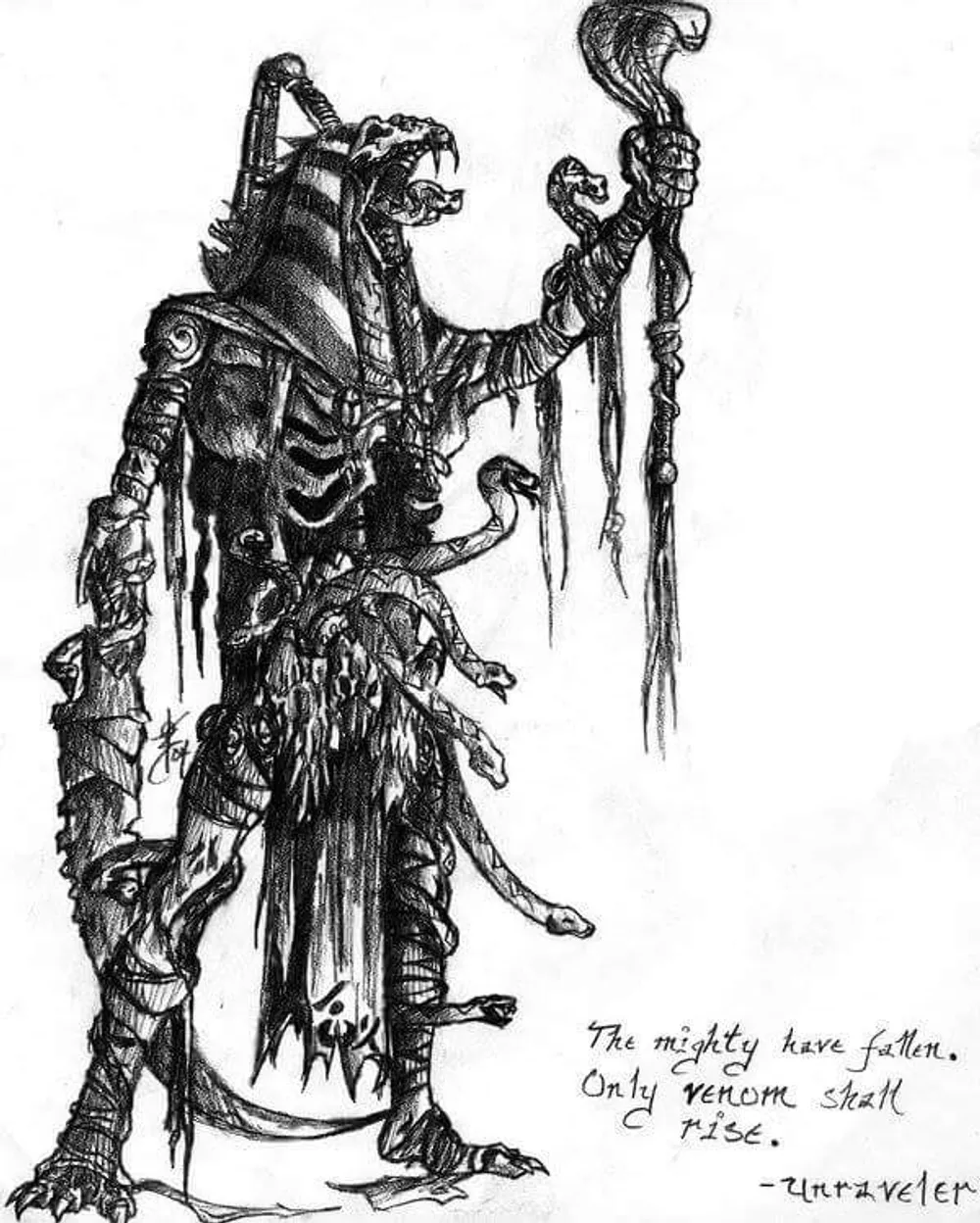 a skeletal, armored figure holding a staff topped with a serpent