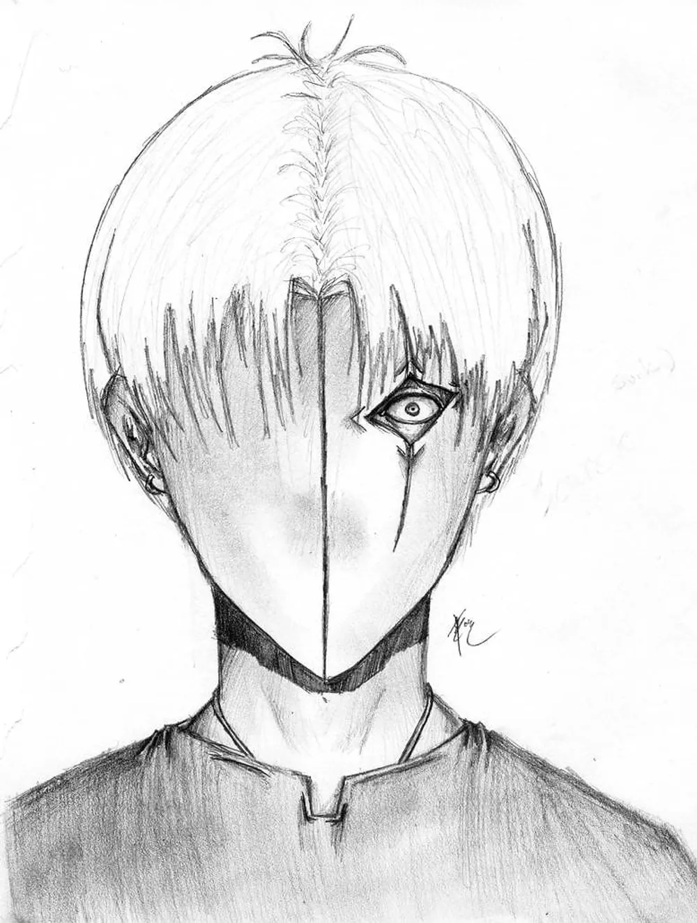 a stylized portrait with the face split down the centre and left almost blank, a single eye on one side, above a dark choker