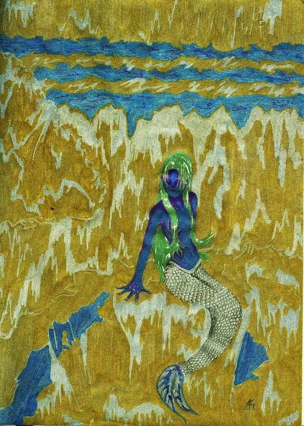 a blue and green mermaid seated among golden rock formations