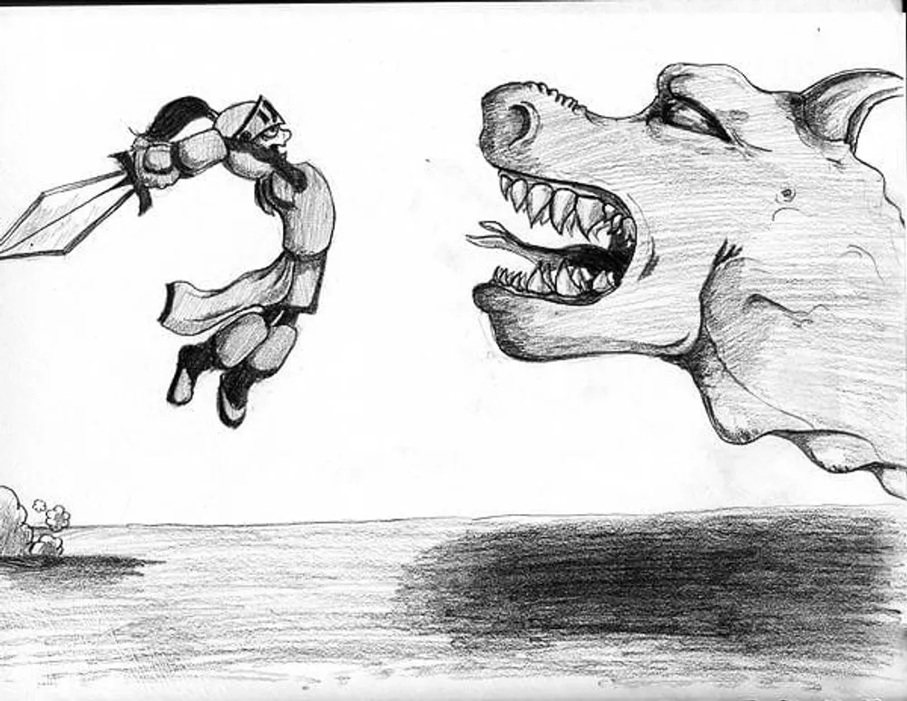 a small armored warrior leaping toward a giant snarling beast