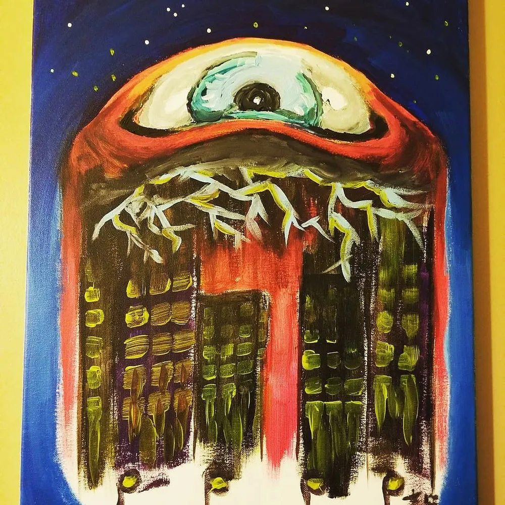 a large stylized eye atop an abstract glowing structure under a starry sky