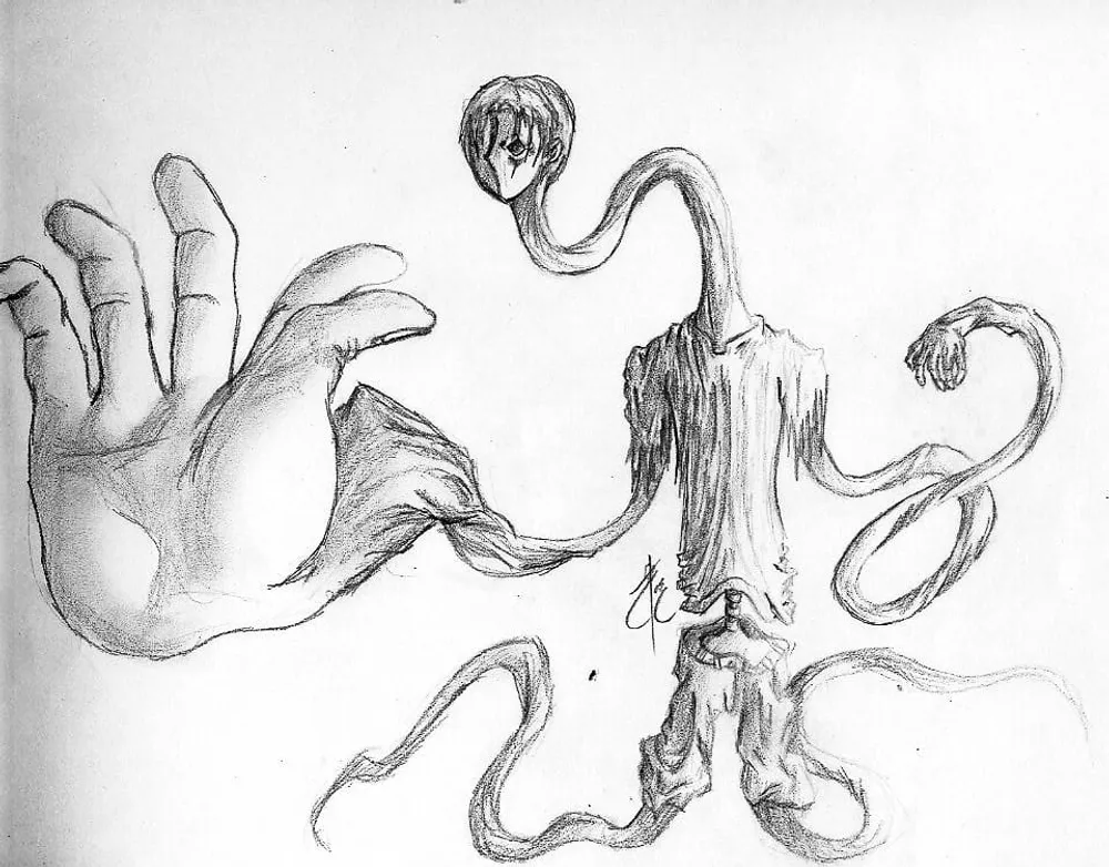 a figure whose limbs have stretched into boneless ropes, reaching toward an oversized disembodied hand