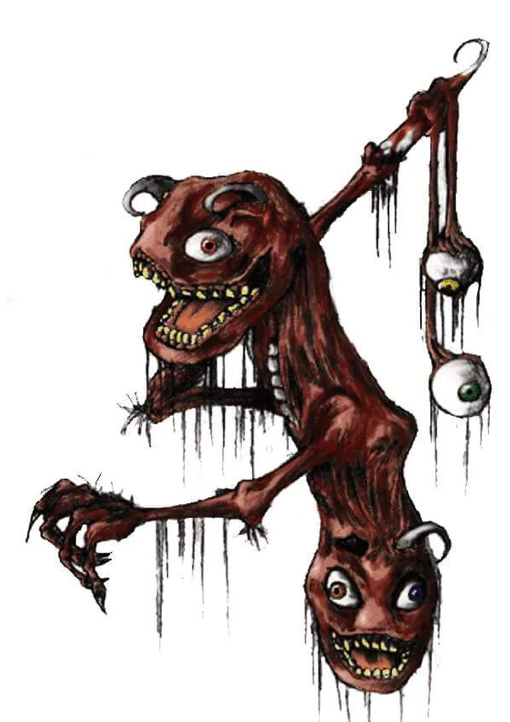 a reddish, two-headed creature holding hanging eyeballs