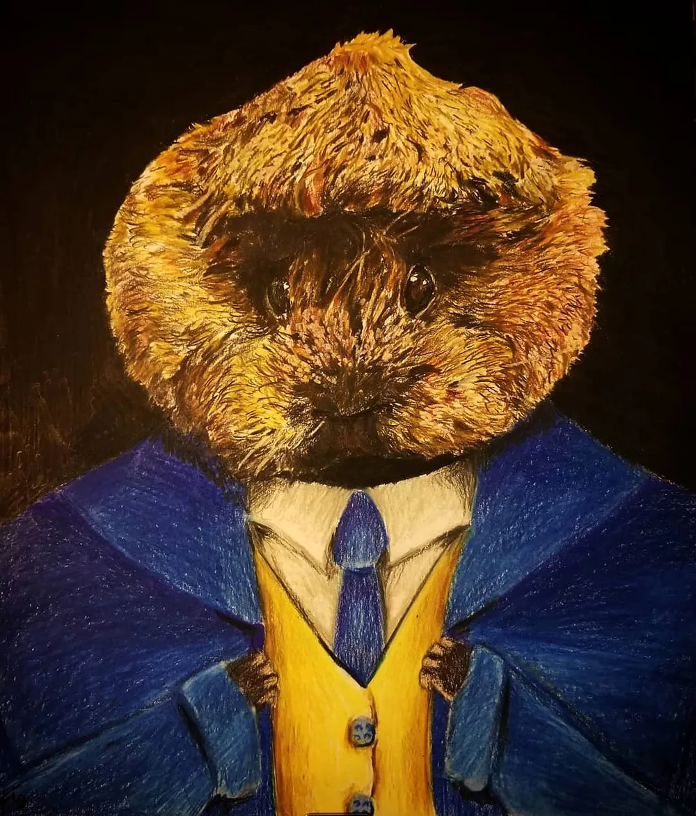a fuzzy orange cone-shaped creature in a navy jacket, yellow waistcoat and blue tie