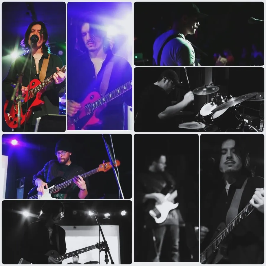 An eight-panel collage from one Velvet Waves club show. The singer is at the microphone with a red hollow-body guitar under green and blue light; a guitarist is washed out by a blue spotlight; a player in a green cap leans toward a mic with his strap over one shoulder; the drummer, in a cap and glasses, is head down mid-stroke behind his cymbals; the bassist in a beanie plays a white bass under purple light; and three black and white frames close in on the guitarists.