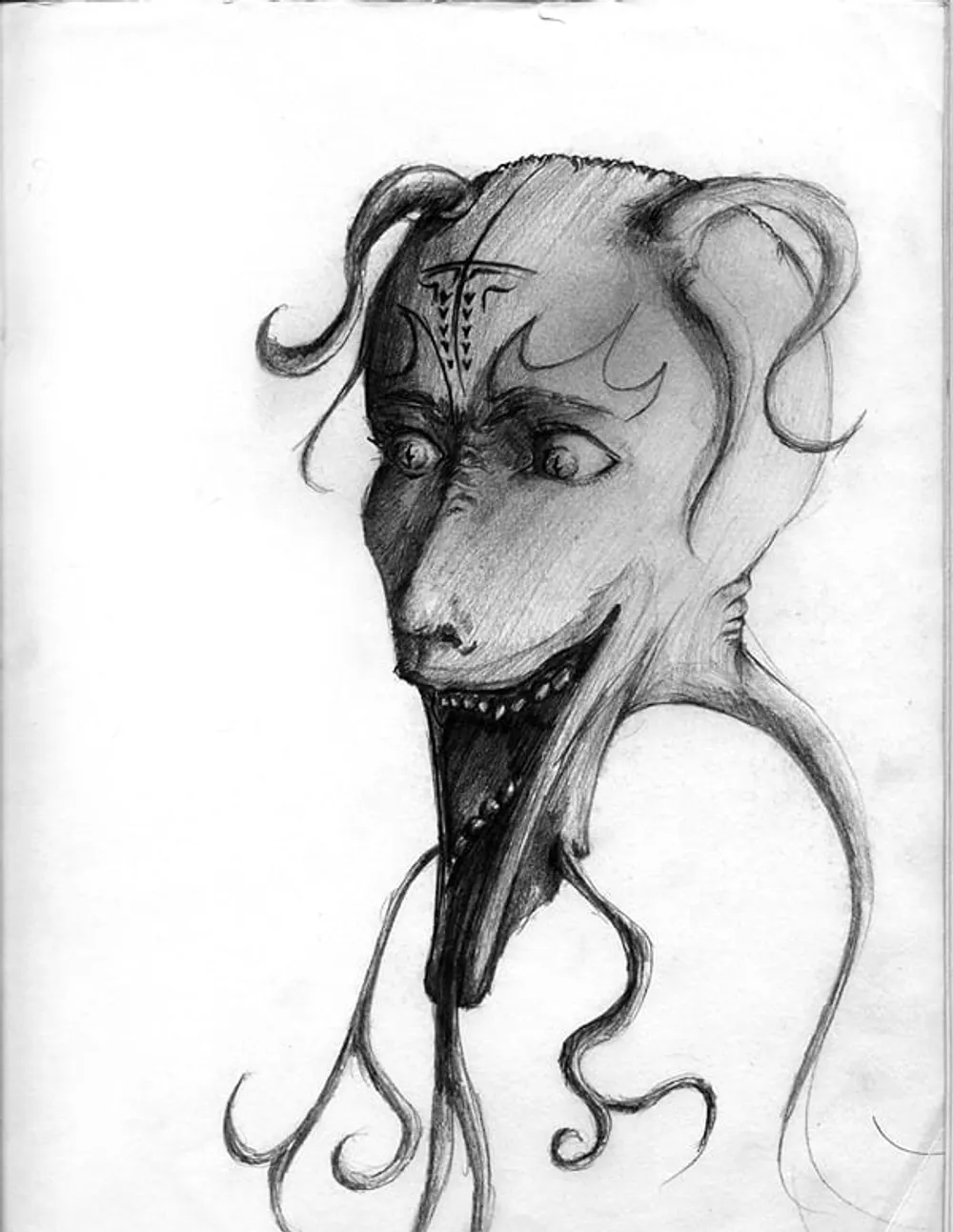 a demonic face with tribal markings and curling horns