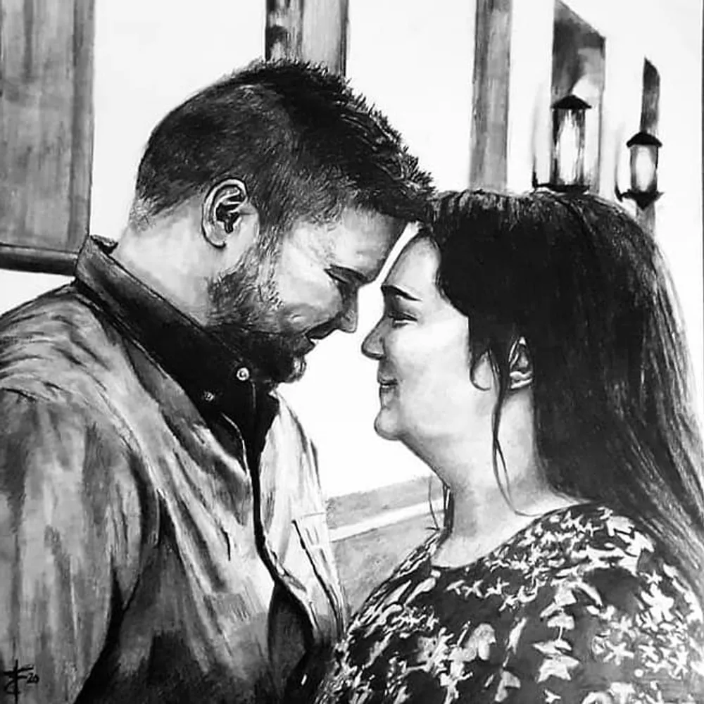 a couple leaning in with foreheads and noses touching, lanterns behind them