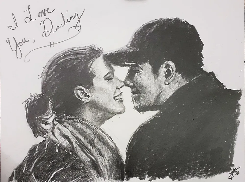 a couple, foreheads touching, in graphite