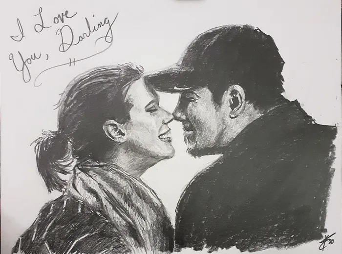 a couple, foreheads touching, in graphite