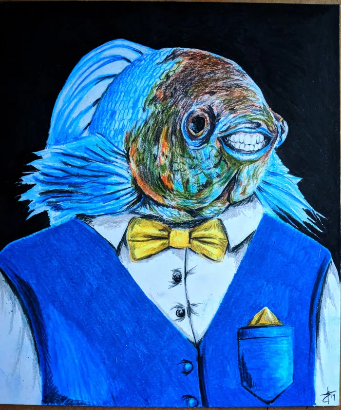 a fish wearing a blue vest and yellow bow tie