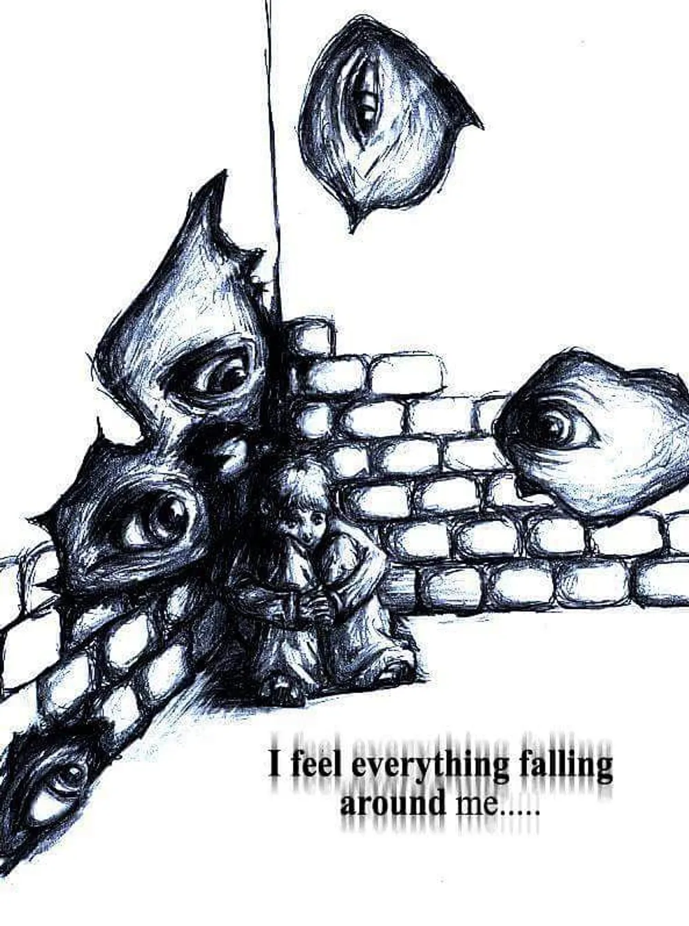 a child crouched against a brick wall, surrounded by large watching eyes