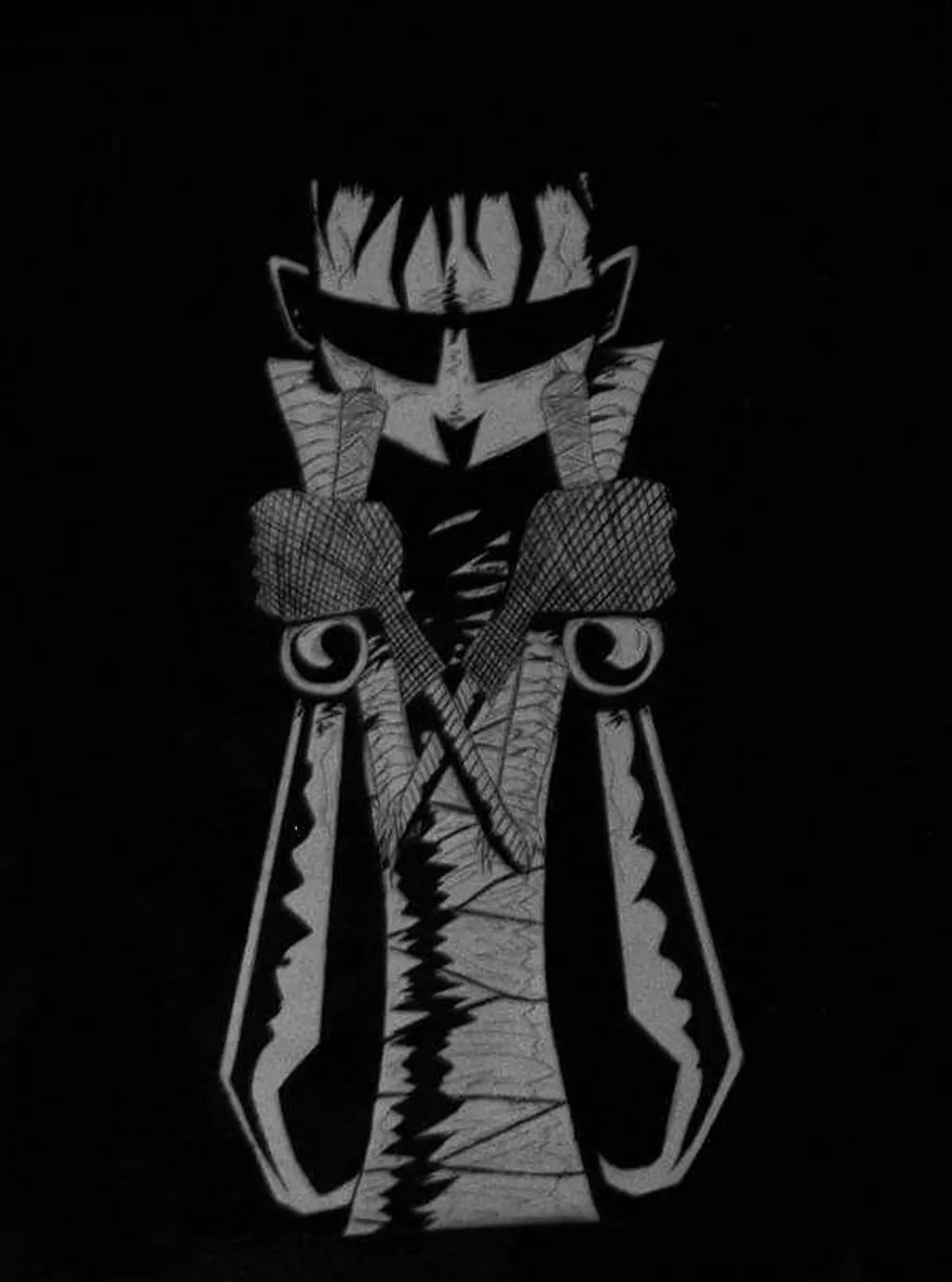 a figure drawn in white pen on black paper, with spiked hair, dark goggles, a striped collar and long striped sleeves, arms crossed in front