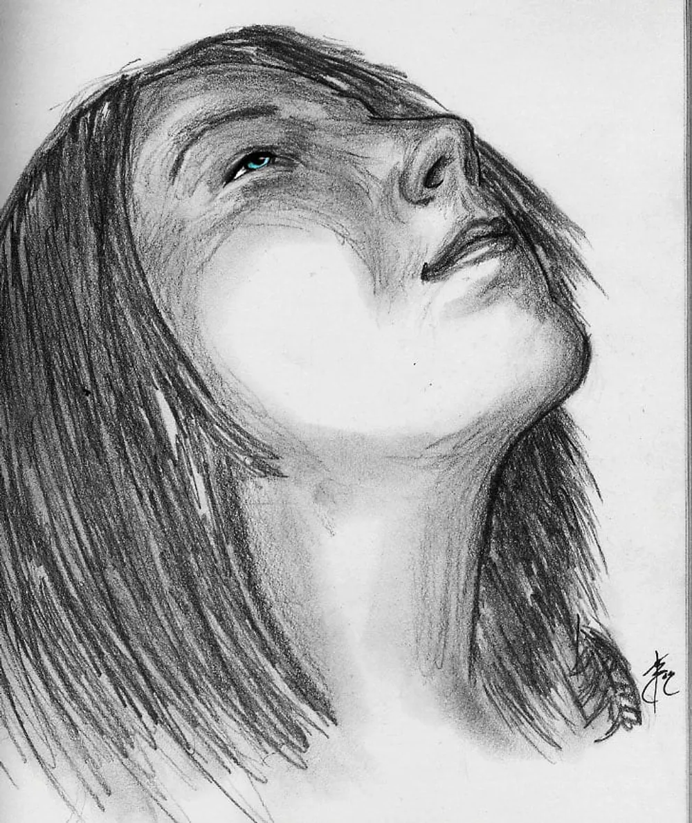 a woman with her head tilted back, eyes closed, one eye rendered in color