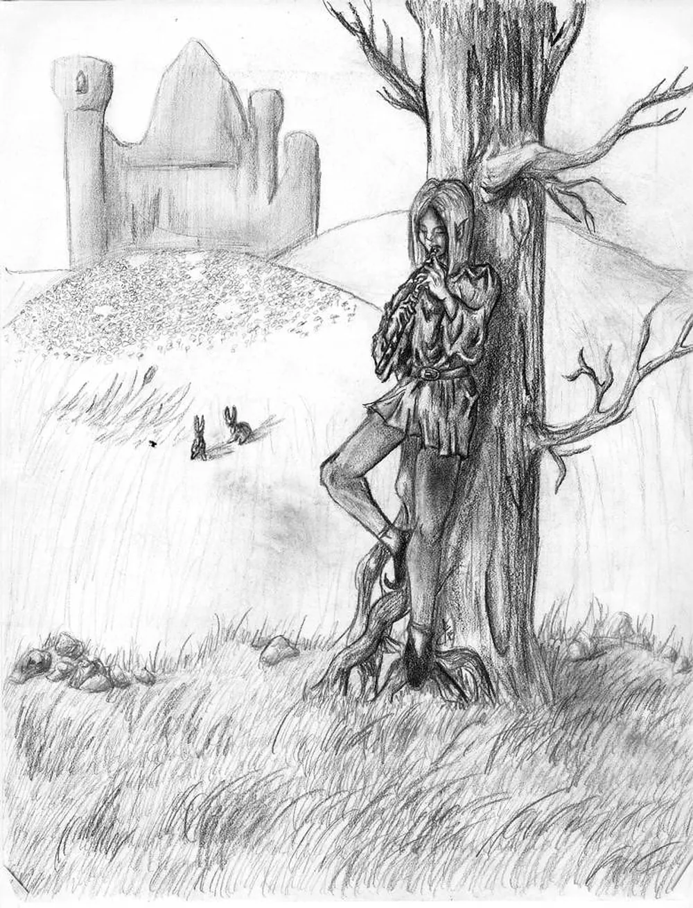 an elf playing a flute beside a tree, with a castle in the distance