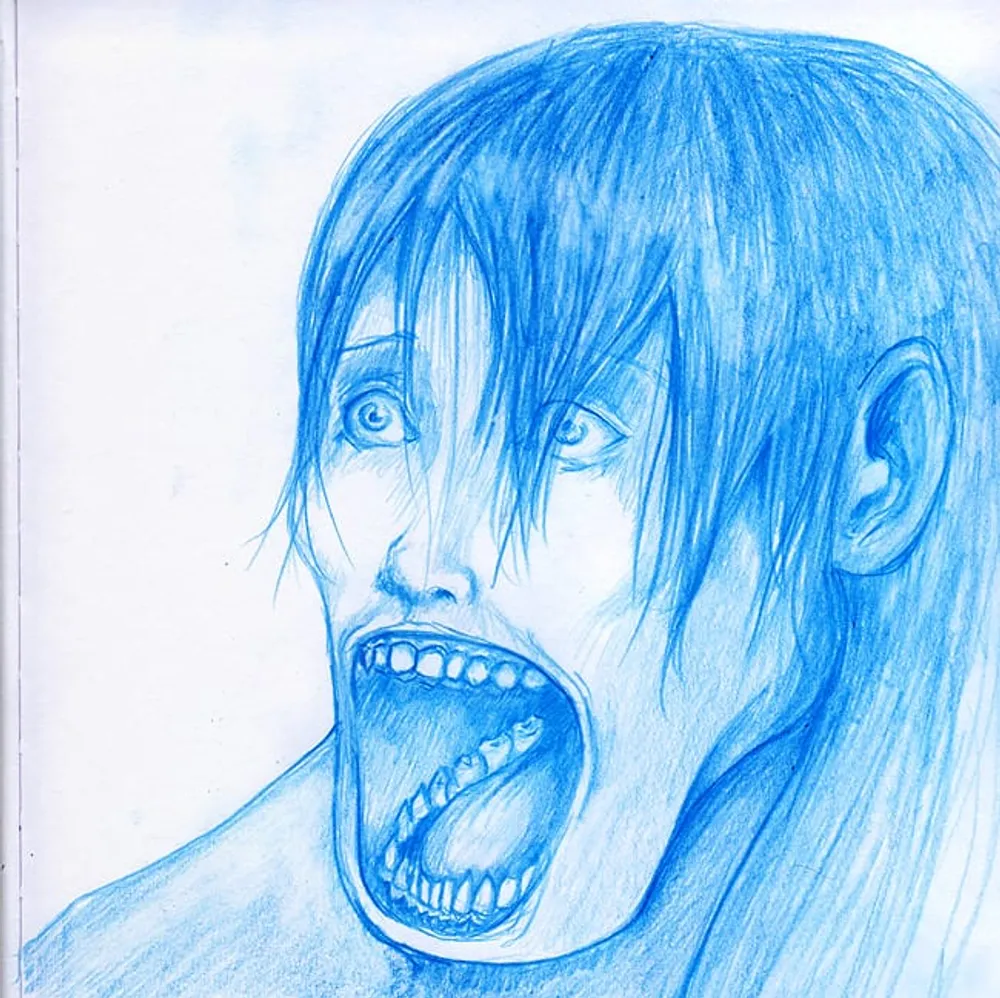 a screaming face with two rows of sharp teeth