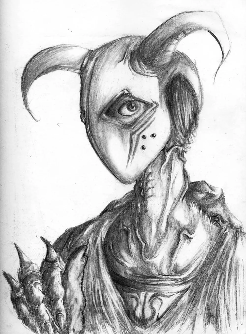 a horned, one-eyed humanoid creature with a clawed hand