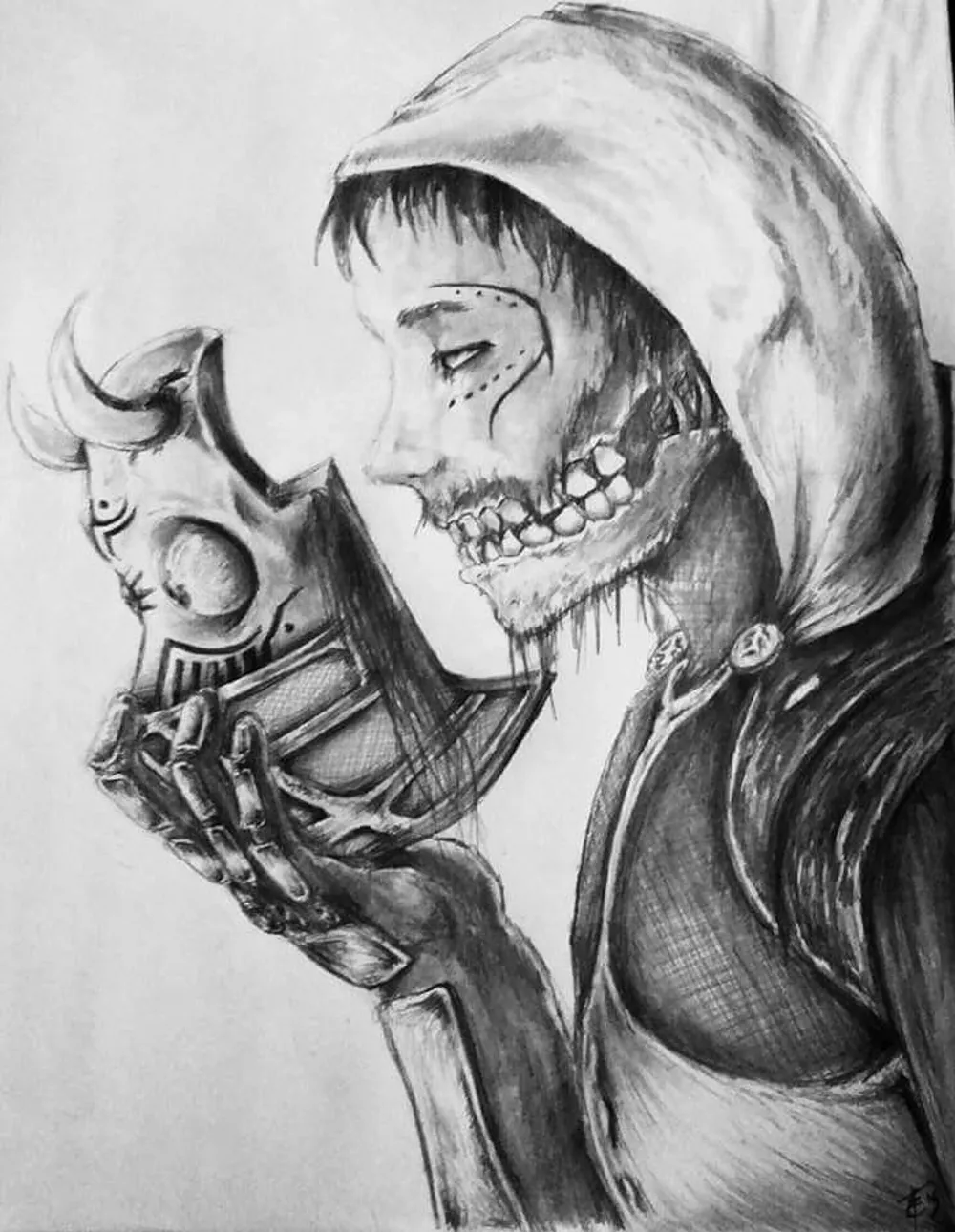 a hooded figure holding a horned mask, with markings on the face