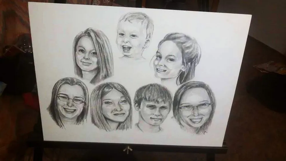 a board of seven pencil portrait sketches of family members