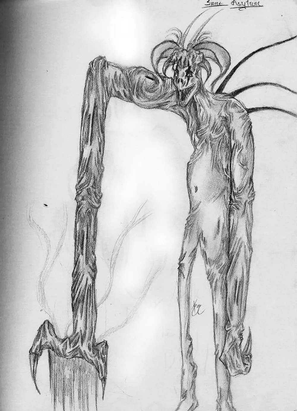 a full-length emaciated figure with a hollow, fanged face and a crown of spines, one arm stretched impossibly long and ending in a claw