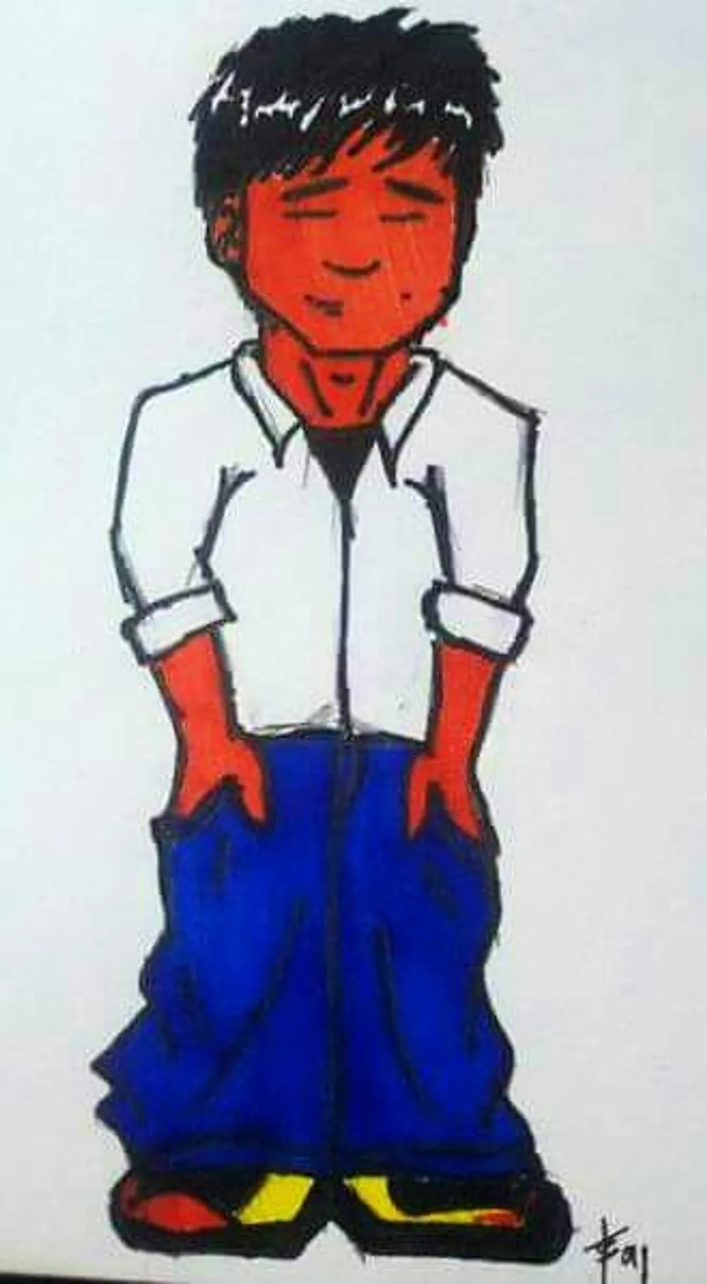 a cartoon boy standing with hands in his pockets