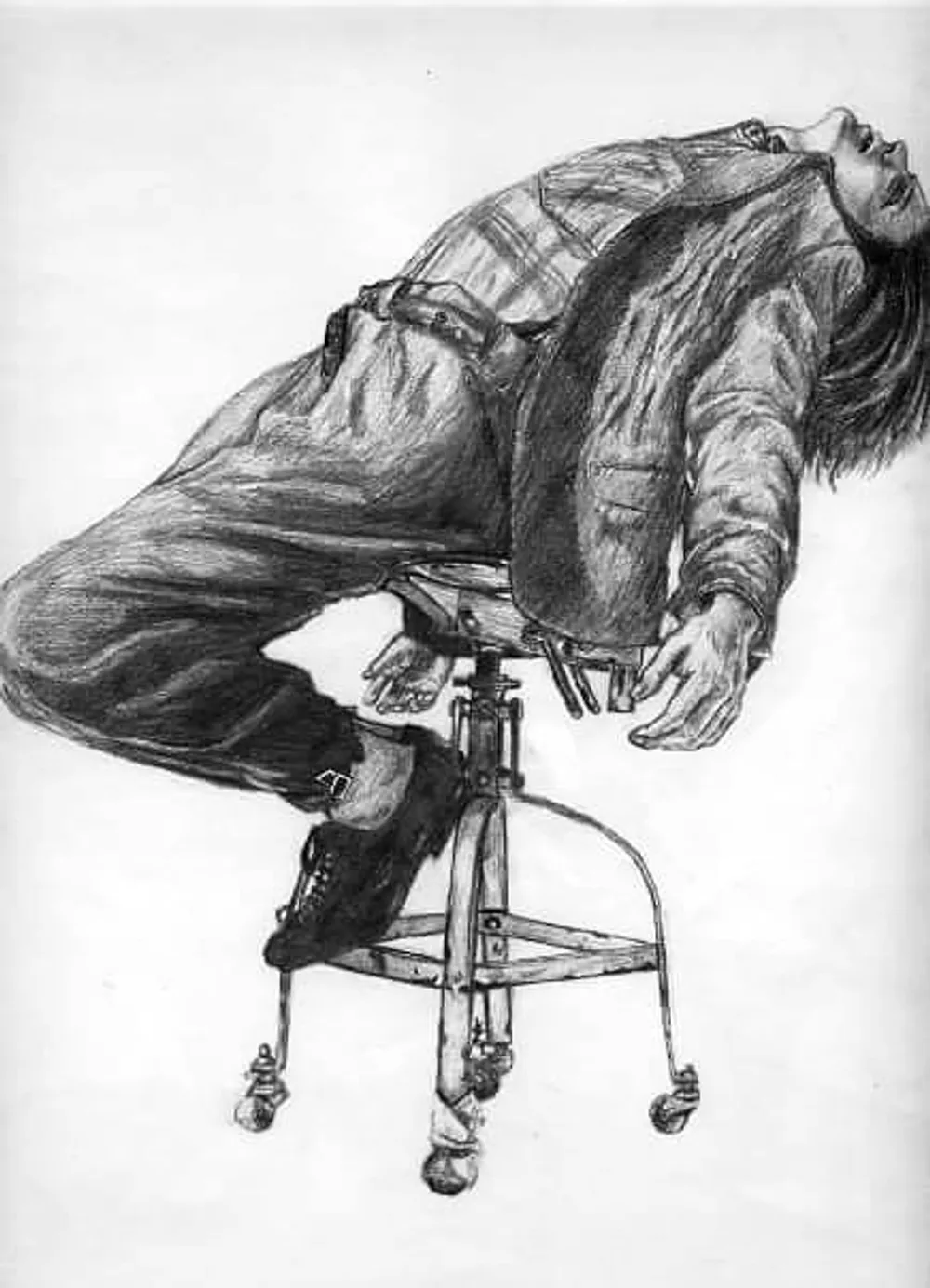 a figure leaning back off a rolling office chair