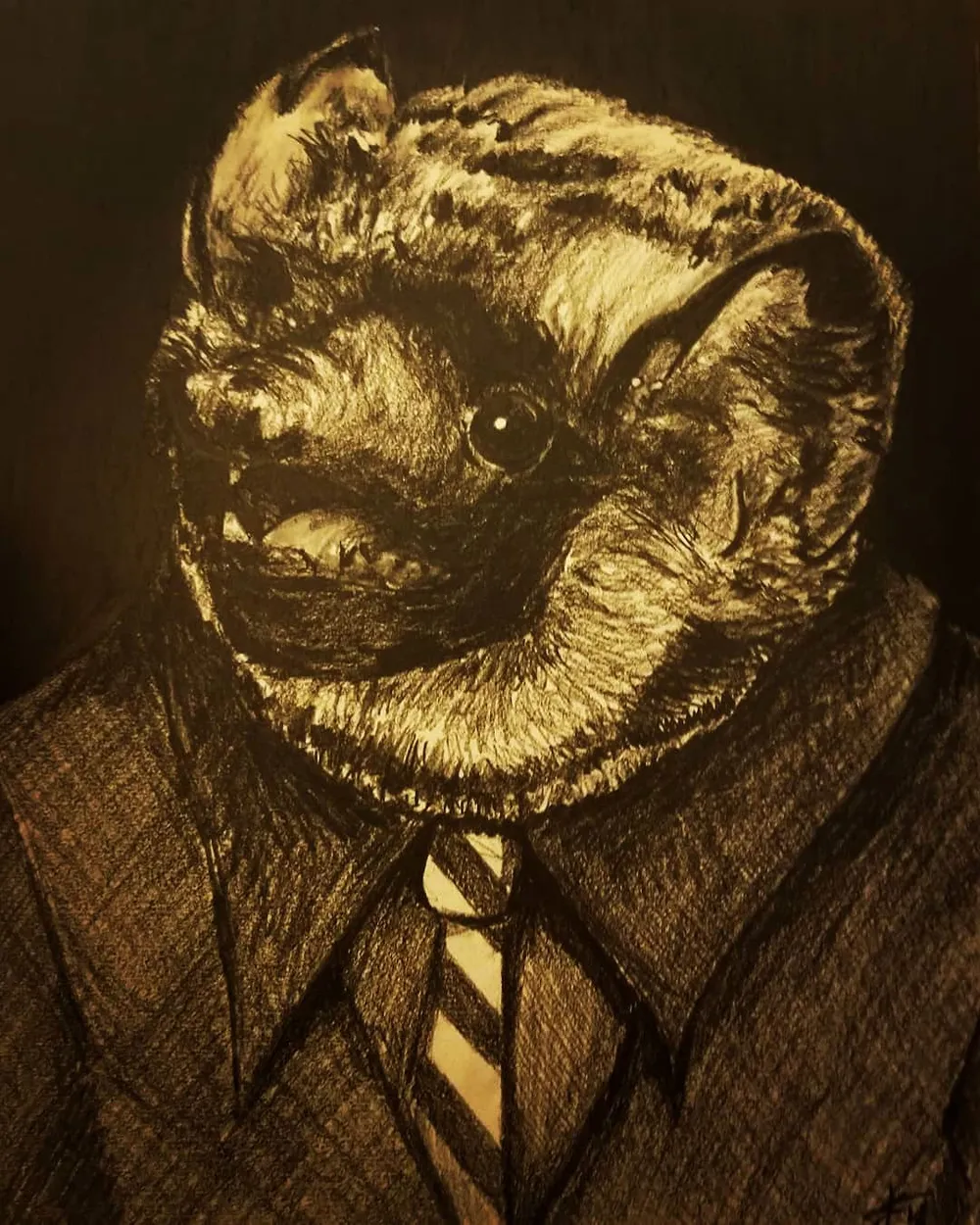 a smiling bat in a jacket and striped tie, rendered in warm browns