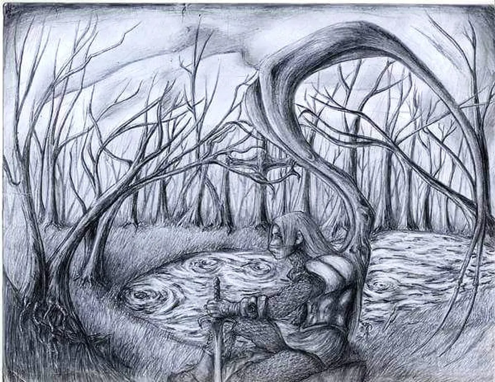 a hooded figure kneeling beside a swirling forest pool
