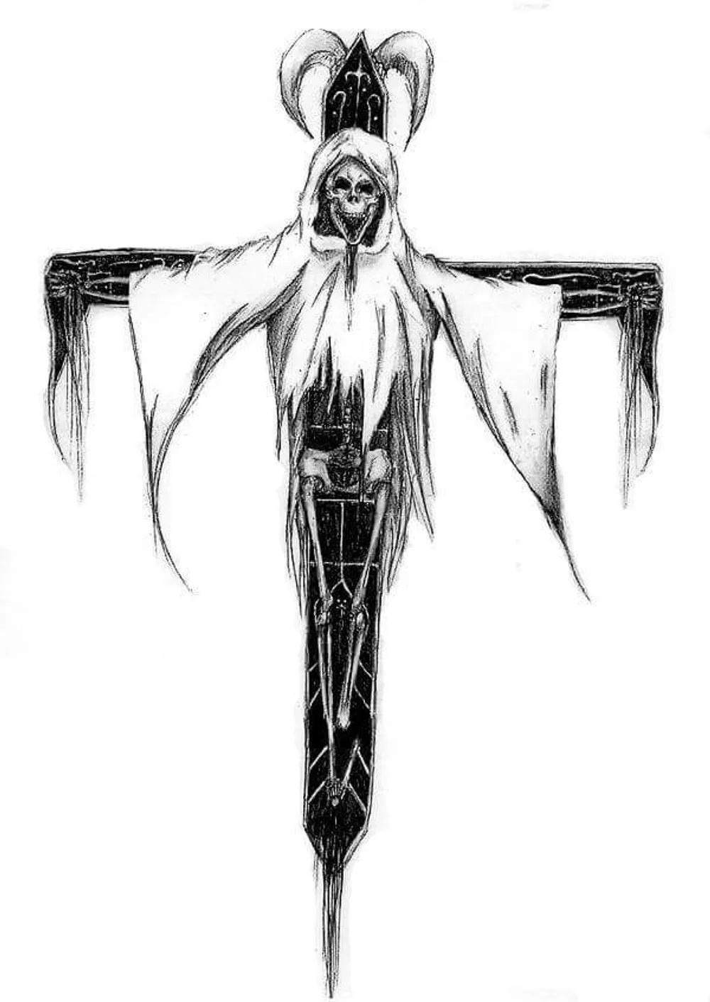 a hooded, skull-faced reaper figure with robes spread in a cross shape
