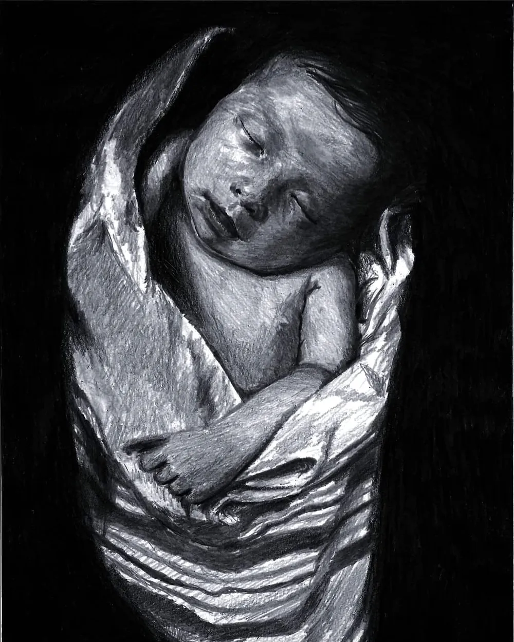 a sleeping infant swaddled in cloth, drawn in light tones against a black ground