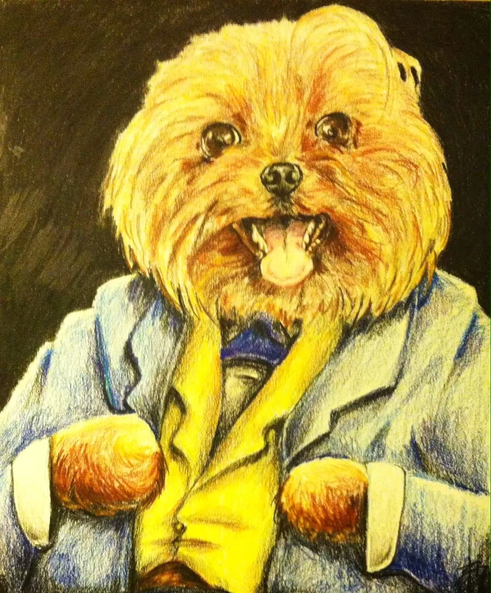 a small terrier-mix dog dressed in a suit and tie