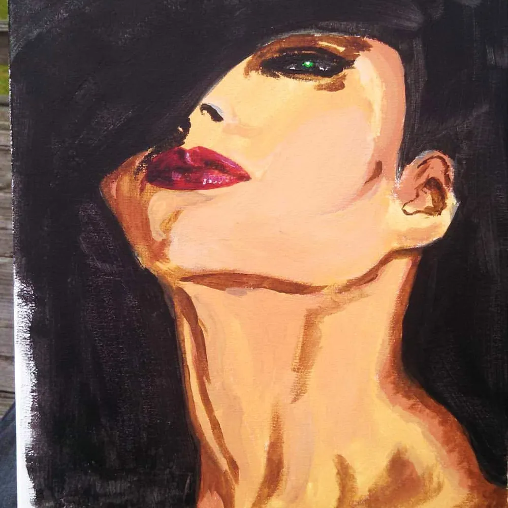 a woman's face and neck in profile, wearing a dark hat and red lipstick