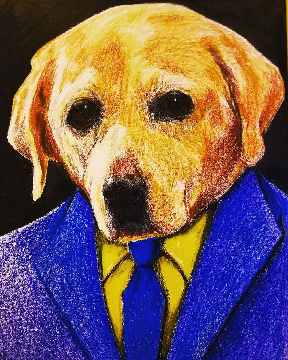 a yellow Labrador retriever wearing a blue suit jacket and tie