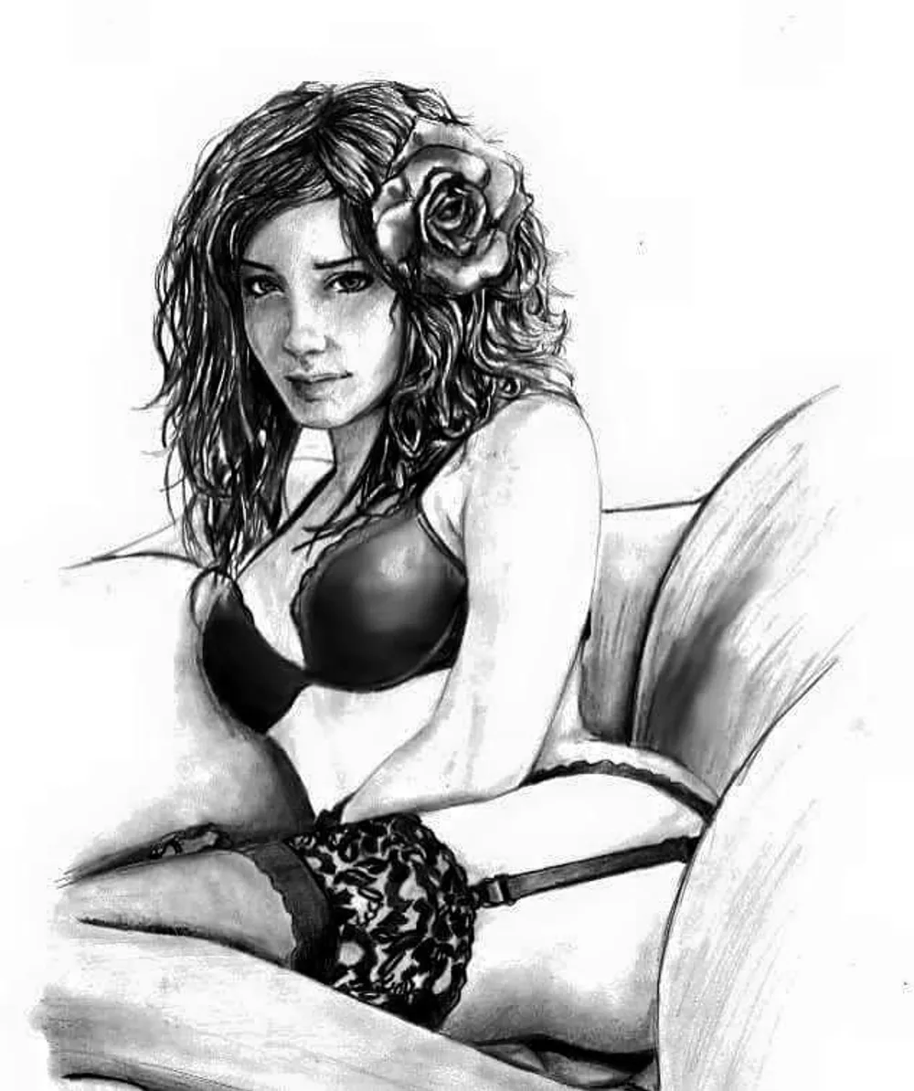 a woman with a rose in her hair, reclining